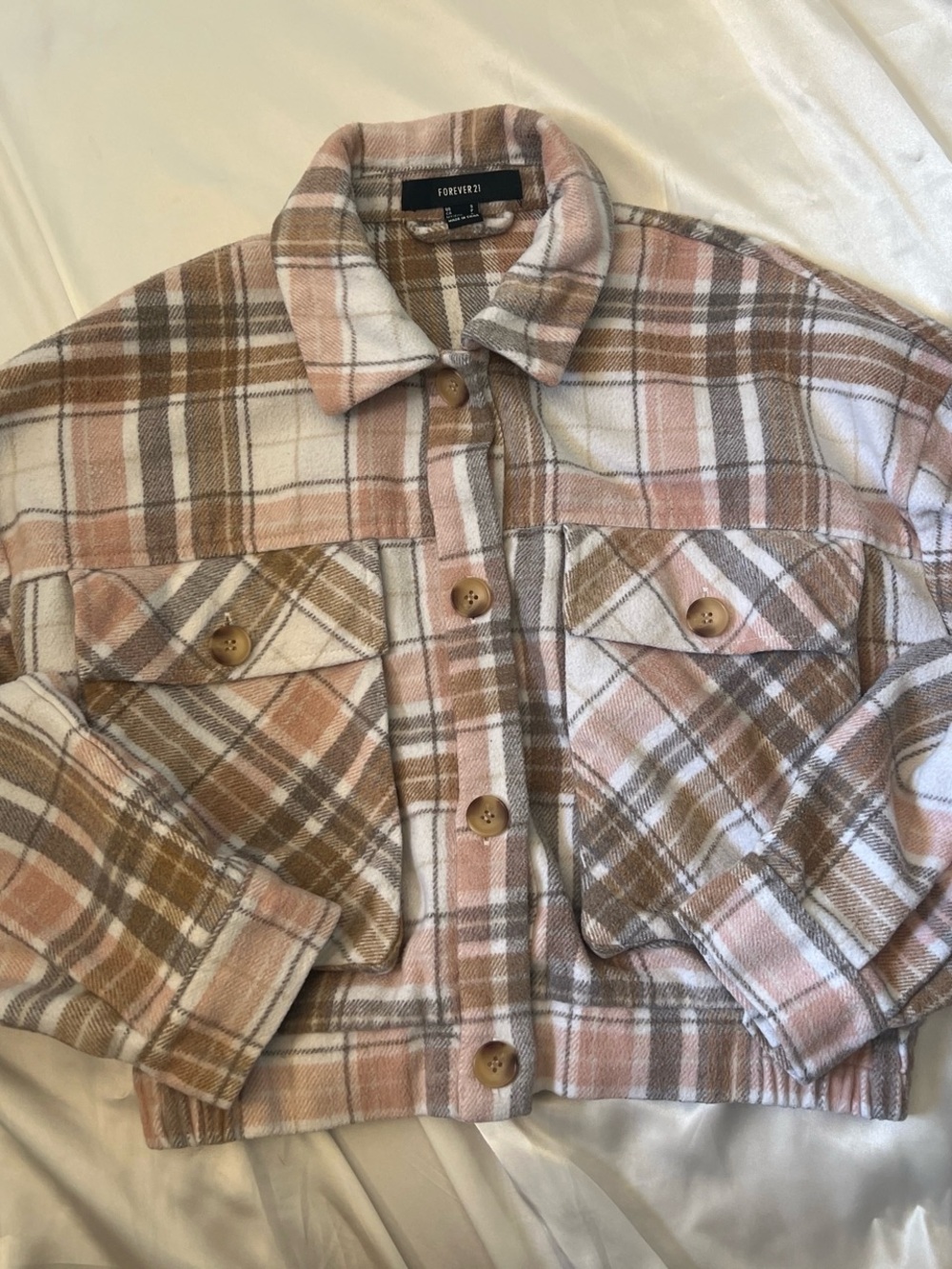 Forever 21 Pink & Grey Plaid Cropped Shacket